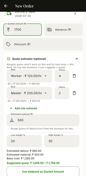 Quote estimator with worker hours, material and a suggested quote